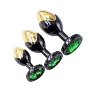LS011-lole-trio-black-gold-metal-anal-plug-set-with-green-crystal-gem-sex-toy-kit-for-couples
