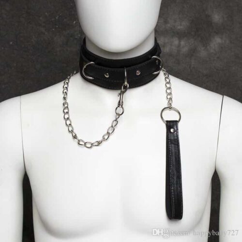 Heavy-duty-Black-leather-Collar-with-metallic-Leash-88755