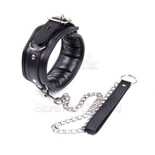 Heavy-duty-Black-leather-Collar-with-metallic-Leash-88767