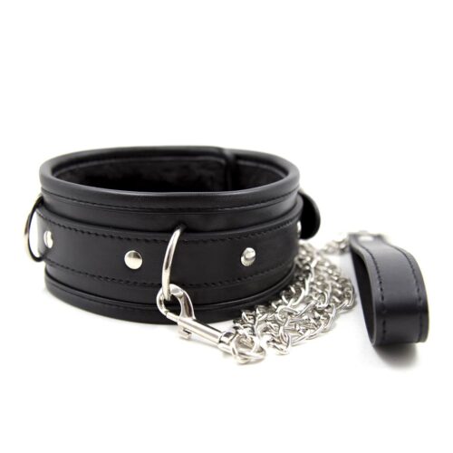Heavy-duty-Black-leather-Collar-with-metallic-Leash-88773